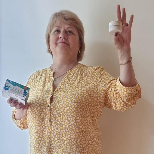 Kathy holding Septifix solid tablet